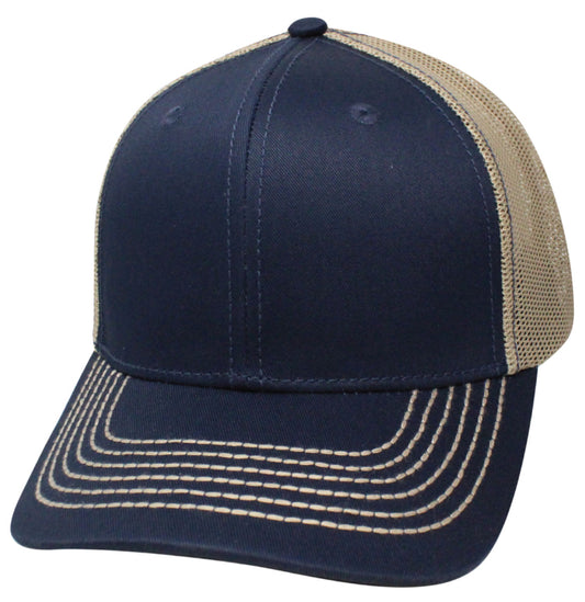 65RCM Cotton Front Mesh Back Blank Cap - Navy / Khaki