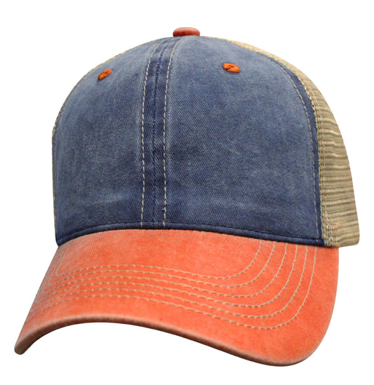 82LPD Relaxed Pigment Dyed Mesh Back Blank Cap - Navy / Orange / Khaki