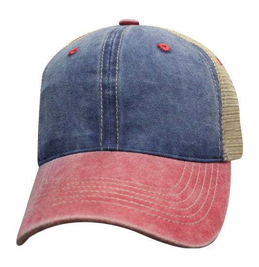 82LPD Relaxed Pigment Dyed Mesh Back Blank Cap - Navy / Red / Khaki