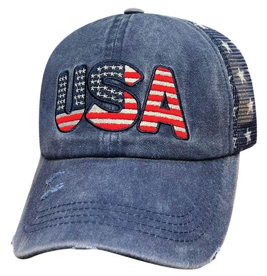 USA Flag Printed Stars Mesh Cap Navy